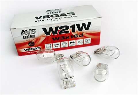 Автолампа габаритов и стоп сигналов AVS Vegas W21W 12V 21W 10шт. - фото 23956